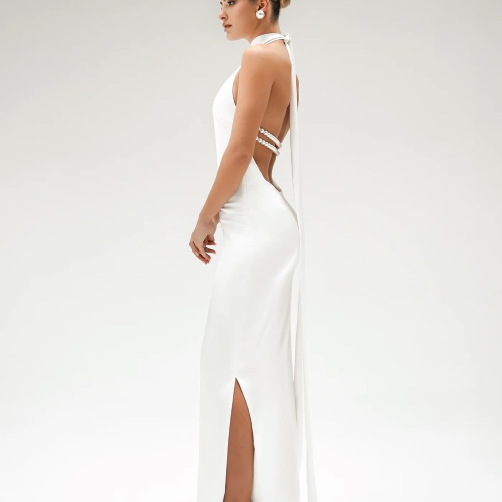 White Halter Backless Gown with Slit